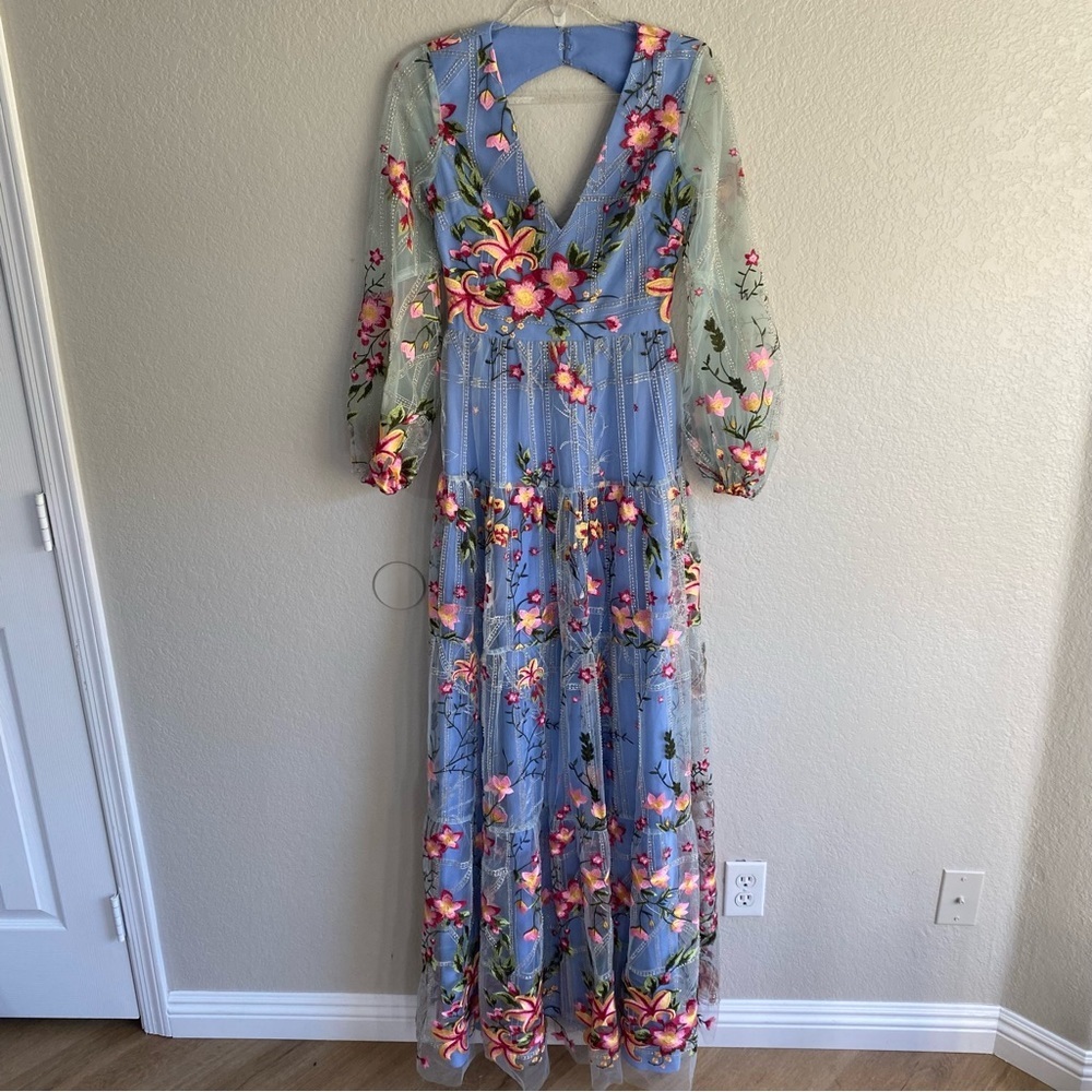 Dress The Population Lyra Floral Embroidery Long Sleeve Tulle Gown Nwot
